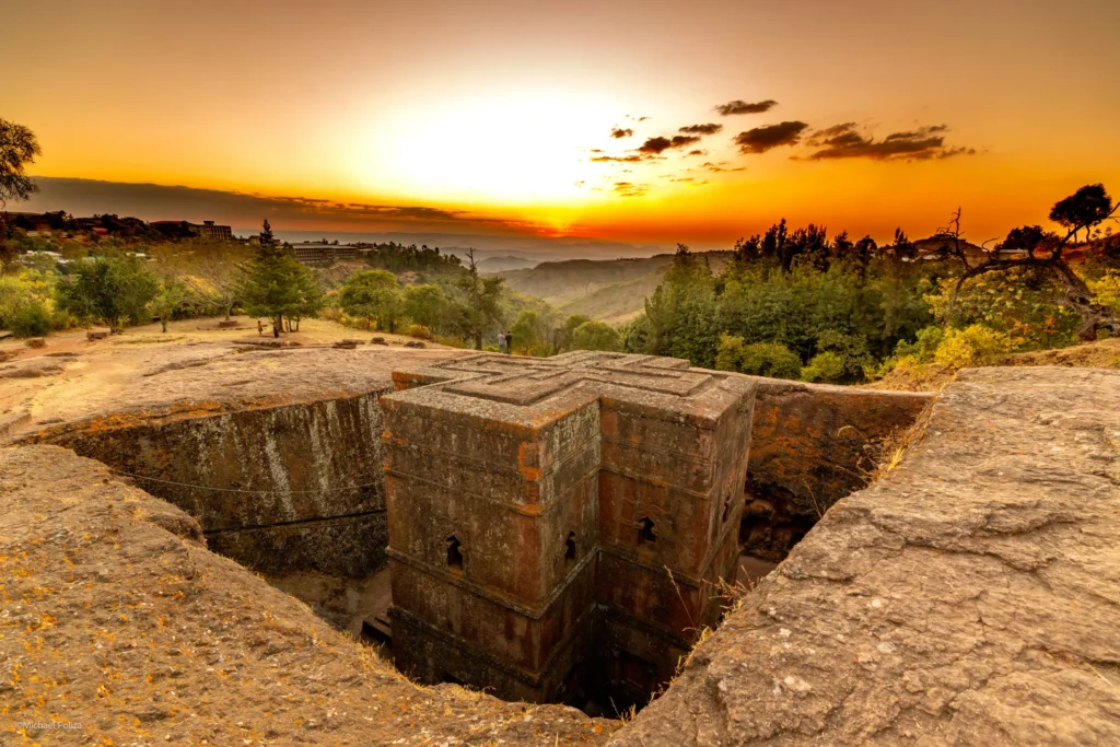 Rock-hewn church of Lalibela at sunset in Ethiopia