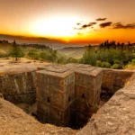 Rock-hewn church of Lalibela at sunset in Ethiopia